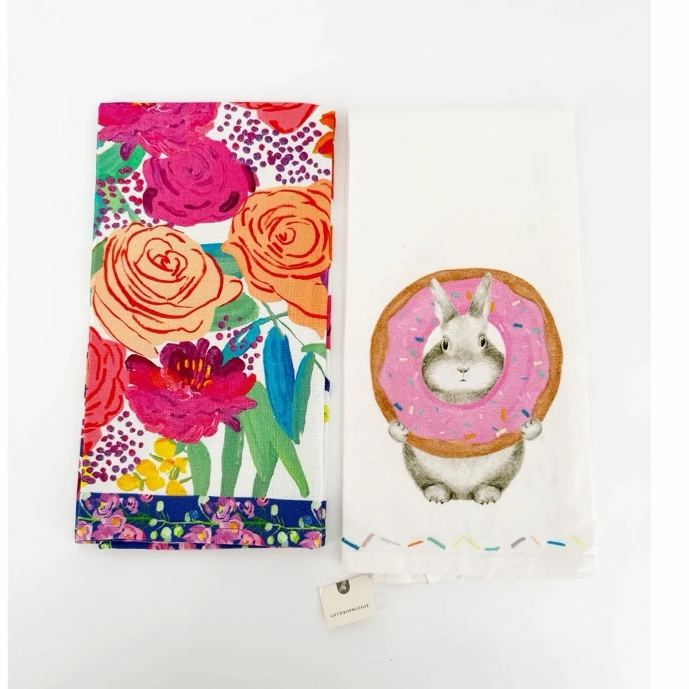 Anthropologie Dish Towel Bundle Spring Floral Rabbit Donut